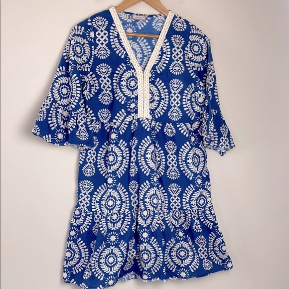 Saiph Lab Tiered Dress Bell Sleeve Santorini Mini Dress White Blue Size M - Picture 1 of 10